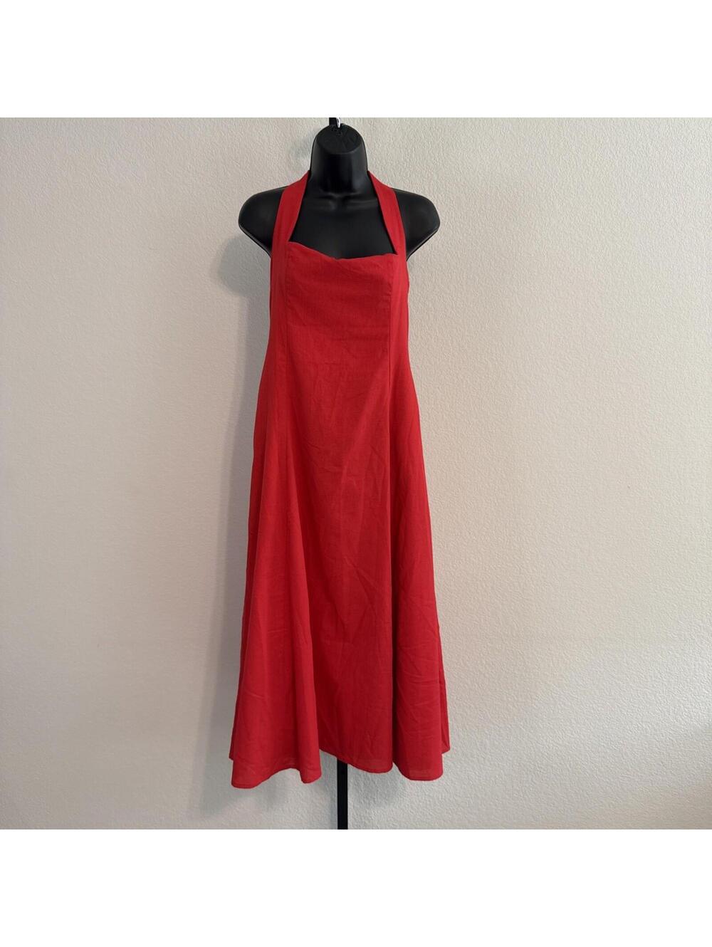 Express Tomato Red Criss Cross Open Back Fit & Flare Linen Blend Dress - LRG